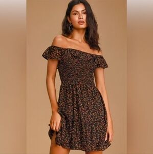 Lulus Say So Black Floral Print Smocked Off-The-Shoulder Mini Dress Size XL NWOT